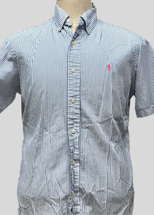 Camisa Polo Ralph Lauren 🏇🏼  Color blanco con patrón de rayas en celeste Talla M Entalle Custom Fit