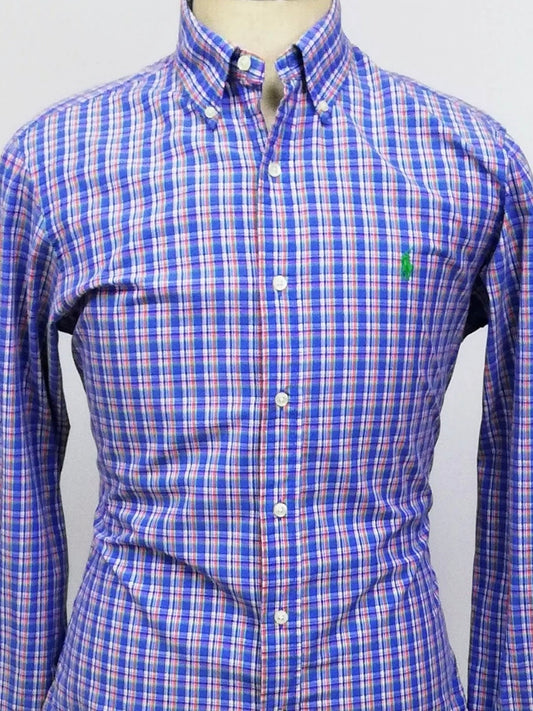 Camisa Polo Ralph Lauren 🏇🏼 color azul con patron de cuadros naranja, verde y blanco Talla M Entalle Slim Fit