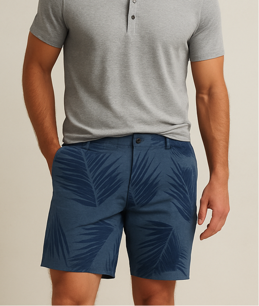 Short Híbrido Hurley 🏄🏽‍♂️ Tela performance color gris y diseño de hojas en azul oscuro talla L (36)