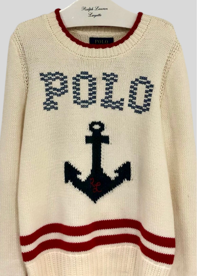 Sueter Jersey tejido de niña Polo Ralph Lauren 🏇🏼 color blanco con diseño de ancla Talla S