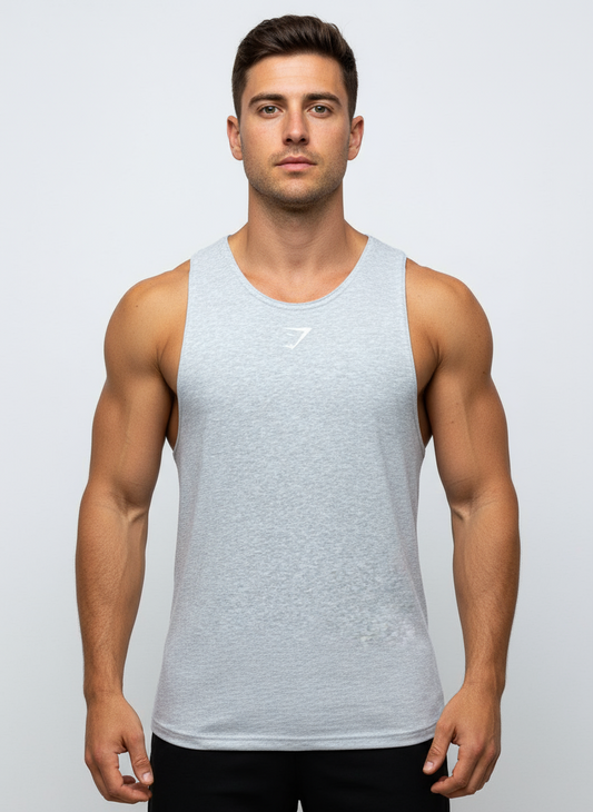 Camiseta de entrenamiento sin mangas Gymshark 🏋🏽 color gris claro y logo en blanco Talla S