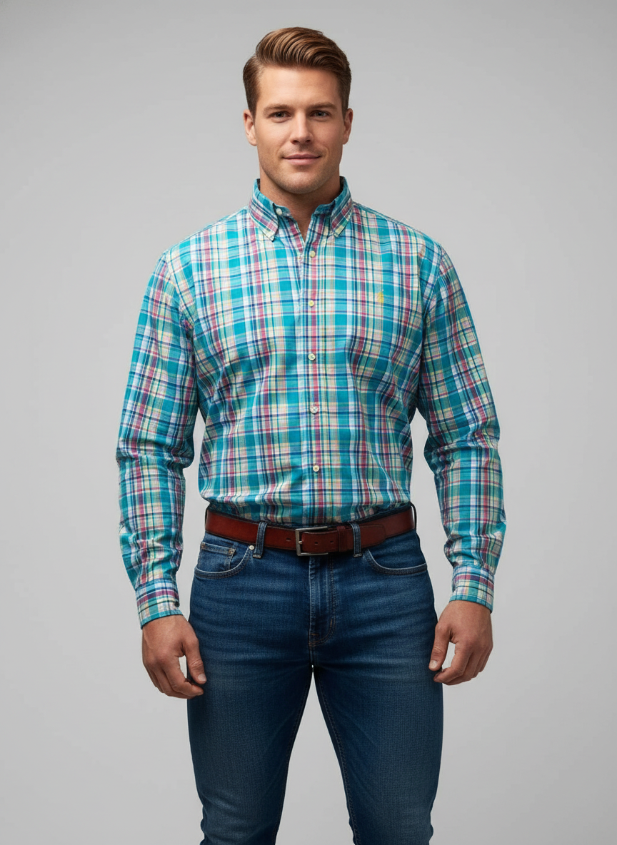 Camisa Polo Ralph Lauren 🏇🏼 de cuadros gingham turquesa, rojo y blanco Talla L Entalle Regular