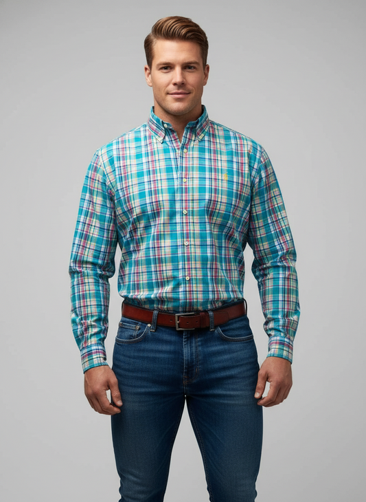 Camisa Polo Ralph Lauren 🏇🏼 de cuadros gingham turquesa, rojo y blanco Talla L Entalle Regular