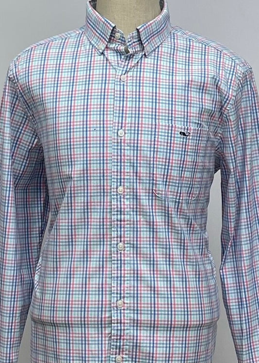 Camisa de botones Vineyard Vines 🐳 color blanco de cuadros en color rosado, azul y celeste Talla L Entalle Clásico