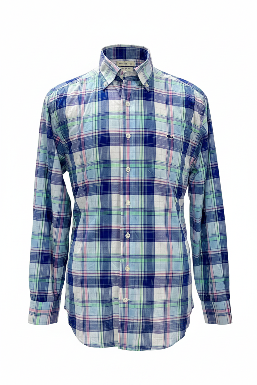 Camisa de botones Vineyard Vines 🐳 color blanco de cuadros en morado, azul y verde Talla M Entalle Clásico