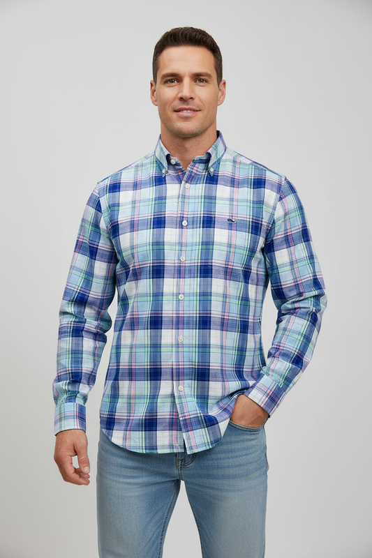 Camisa de botones Vineyard Vines 🐳 color blanco de cuadros en morado, azul y verde Talla M Entalle Clásico