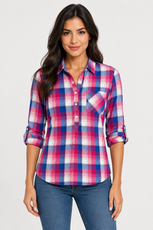 Camisa de mujer Tommy Hilfiger 🇺🇸 de cuadros en color rosado, azul y blanco Talla M Entalle Regular