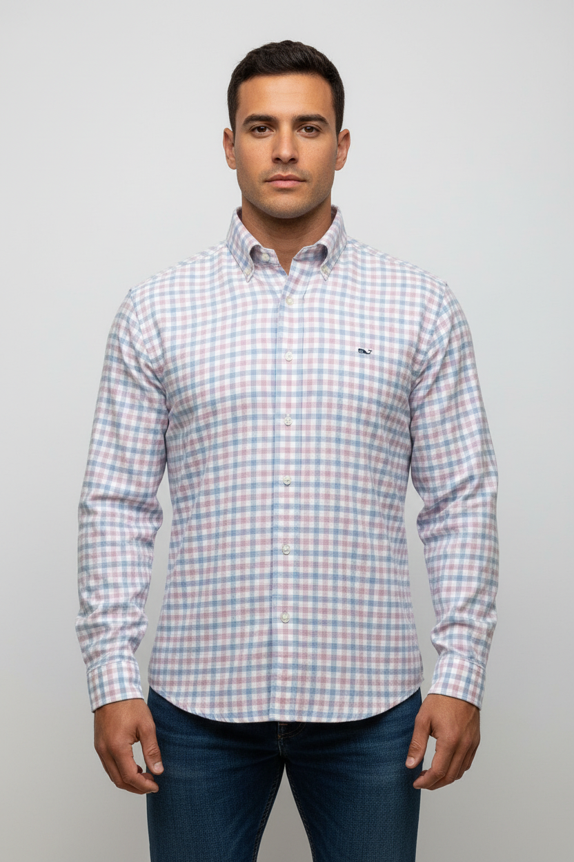 Camisa de botones Vineyard Vines 🐳 color blanco de cuadros en color celeste y rosado Talla L Entalle Regular