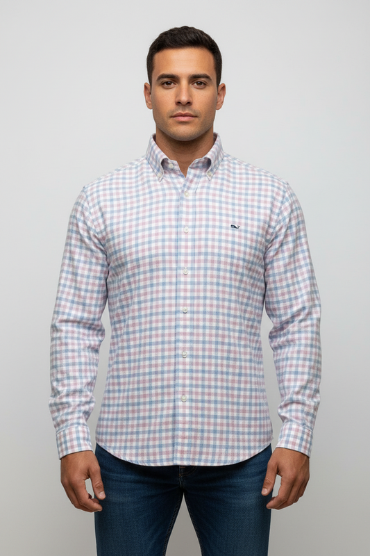 Camisa de botones Vineyard Vines 🐳 color blanco de cuadros en color celeste y rosado Talla L Entalle Regular