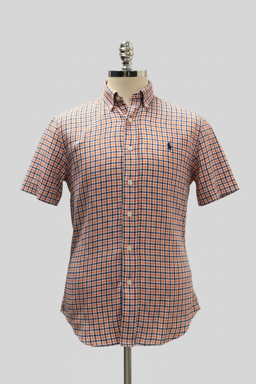 Camisa Polo Ralph Lauren 🏇🏼 De lino con patrón de cuadros naranja, azul y blanco Talla S Entalle Regular