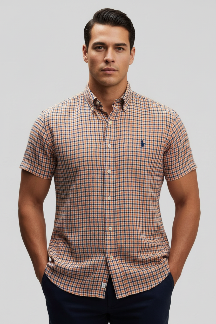 Camisa Polo Ralph Lauren 🏇🏼 De lino con patrón de cuadros naranja, azul y blanco Talla S Entalle Regular