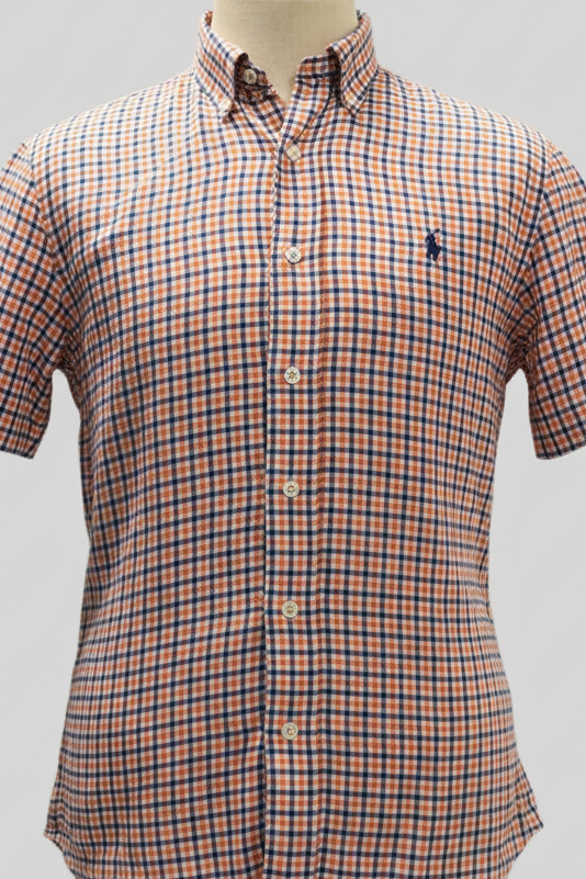 Camisa Polo Ralph Lauren 🏇🏼 De lino con patrón de cuadros naranja, azul y blanco Talla S Entalle Regular