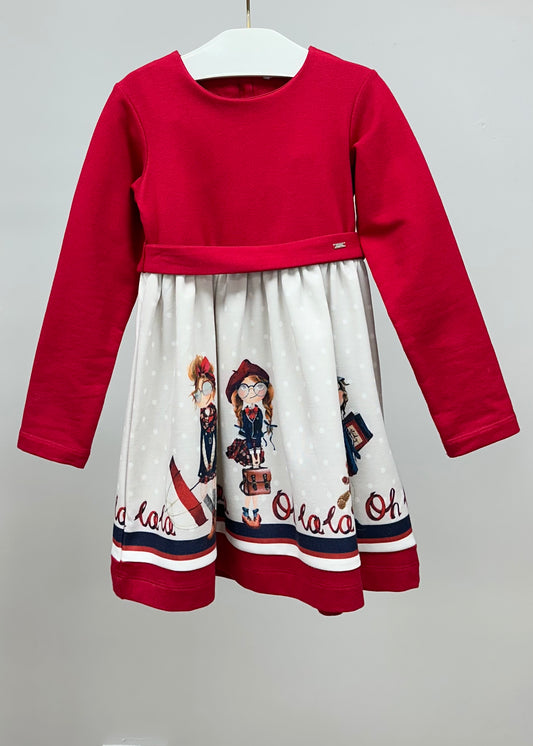 Vestido español de niña Mayoral☁️ Manga larga Color rojo y gris con dibujos de niñas Talla 5