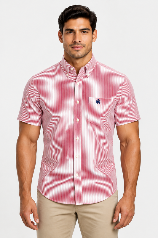 Camisa de botones Brooks Brothers 🐏 Tela camiseta de rayas en color rojo y blanco Talla M Entalle Regular