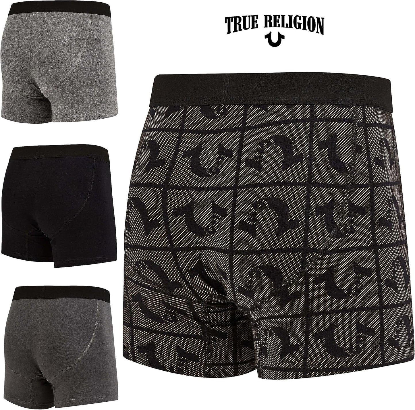 Paquete de 4 Boxers Briefs True Religion 👖 Tela de algodón modal color Negro, gris y diseño de logo Talla S