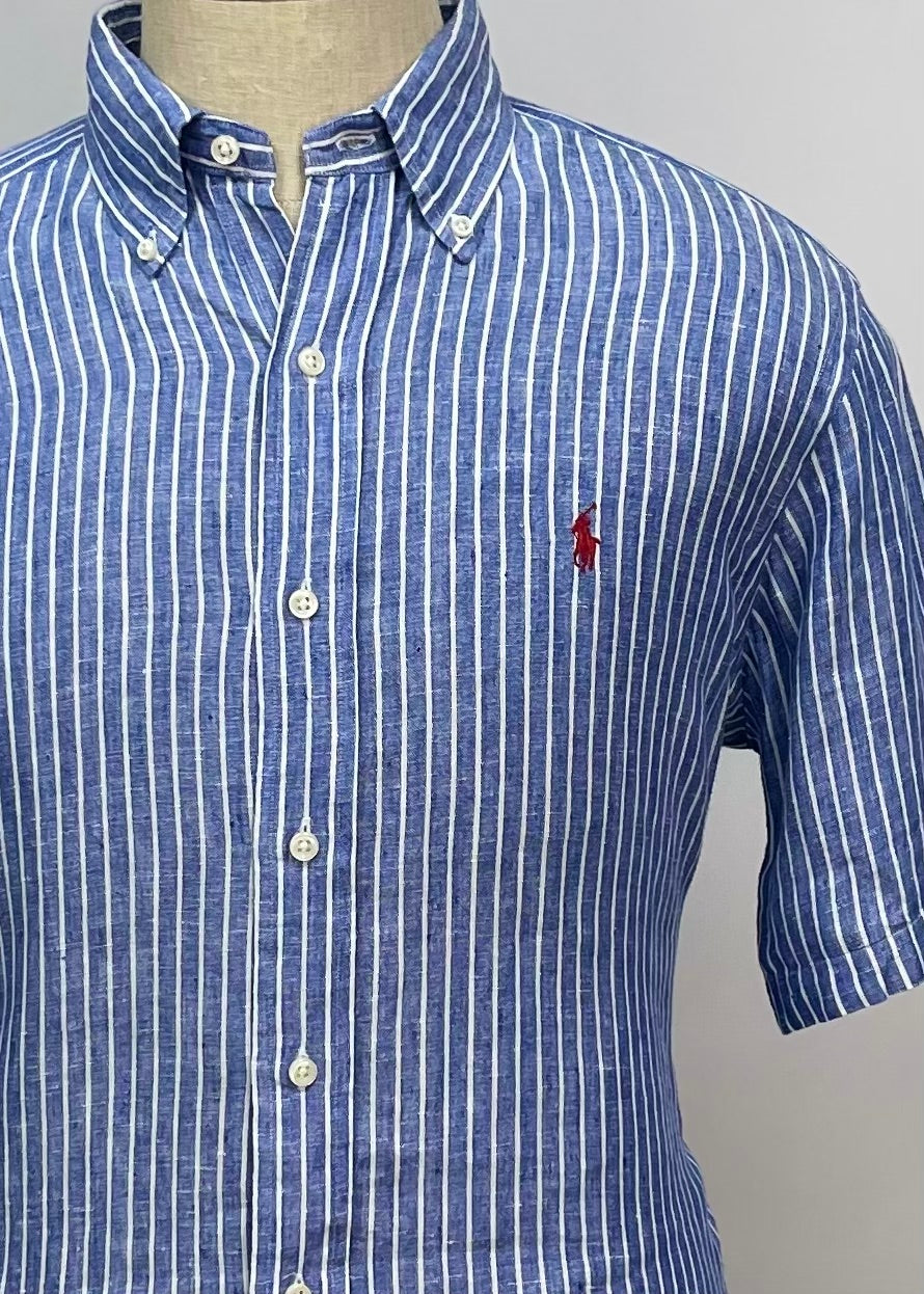 Camisa Polo Ralph Lauren 🏇🏼 de Lino con patron de rayas en color azul y blanco Talla L Entalle Clásico