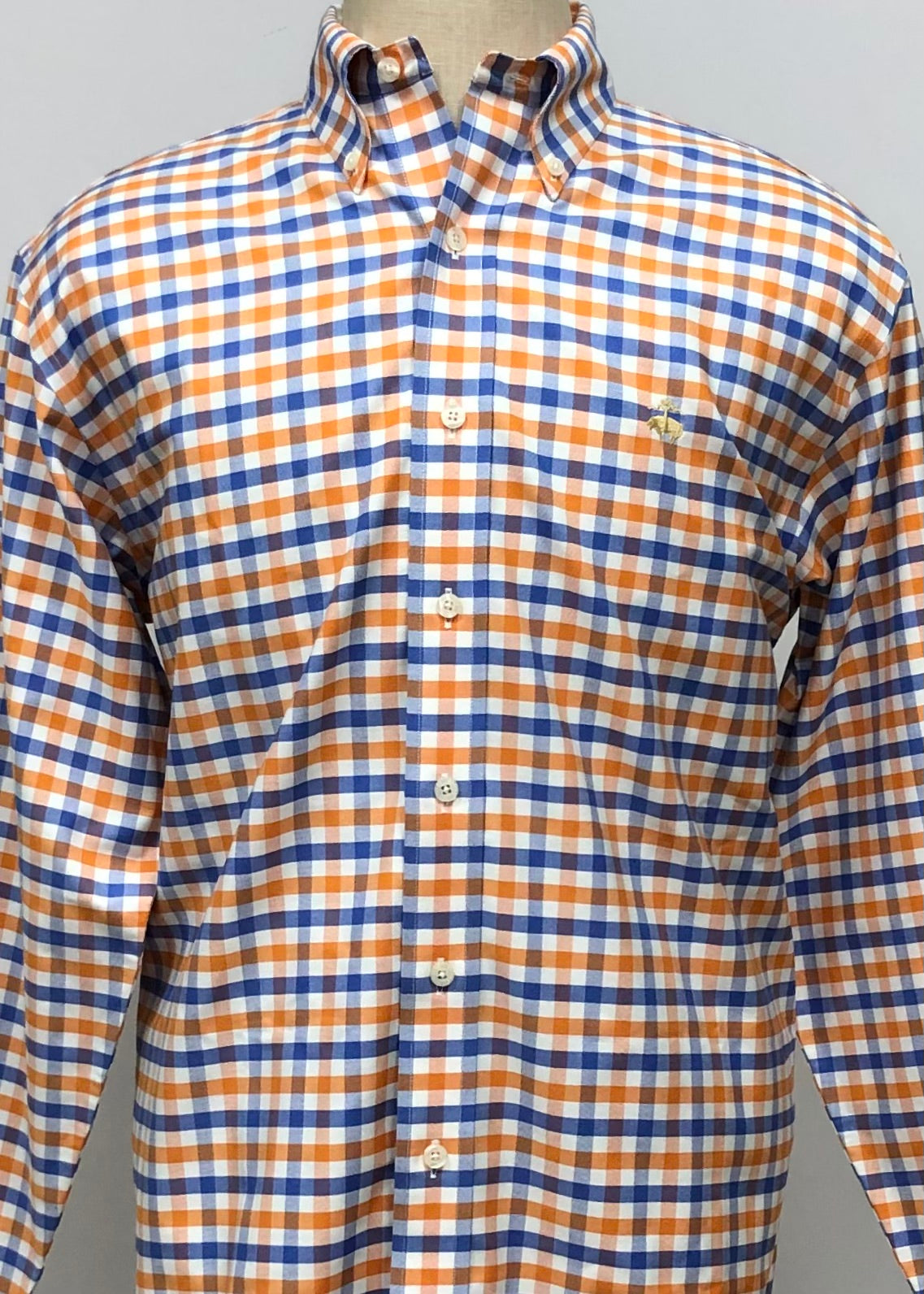 Camisa Brooks Brothers 🐑 color blanco con patrón de cuadros gingham en azul y naraja Talla L Entalle Regular