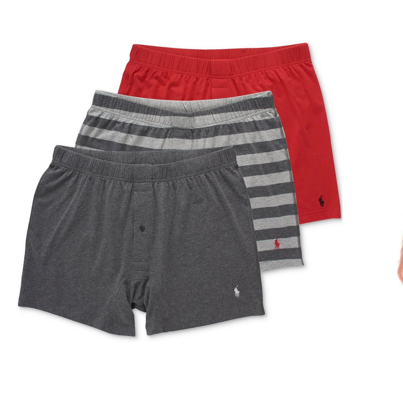 Paquete de 3 Boxer tejido Polo Ralph Lauren 🏇🏼 Classic Fit Tela algodón stretch color rojo, gris y de rayas Talla M