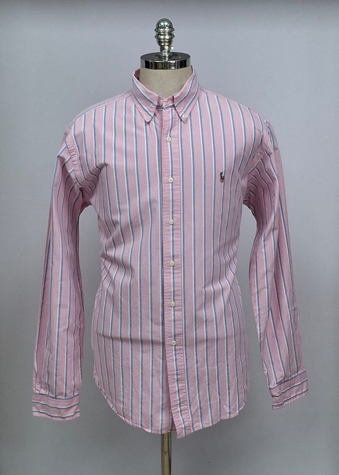 Camisa Polo Ralph Lauren 🏇🏼 Oxford color rosado con rayas en color celeste y blanco Talla XL Entalle Clásico