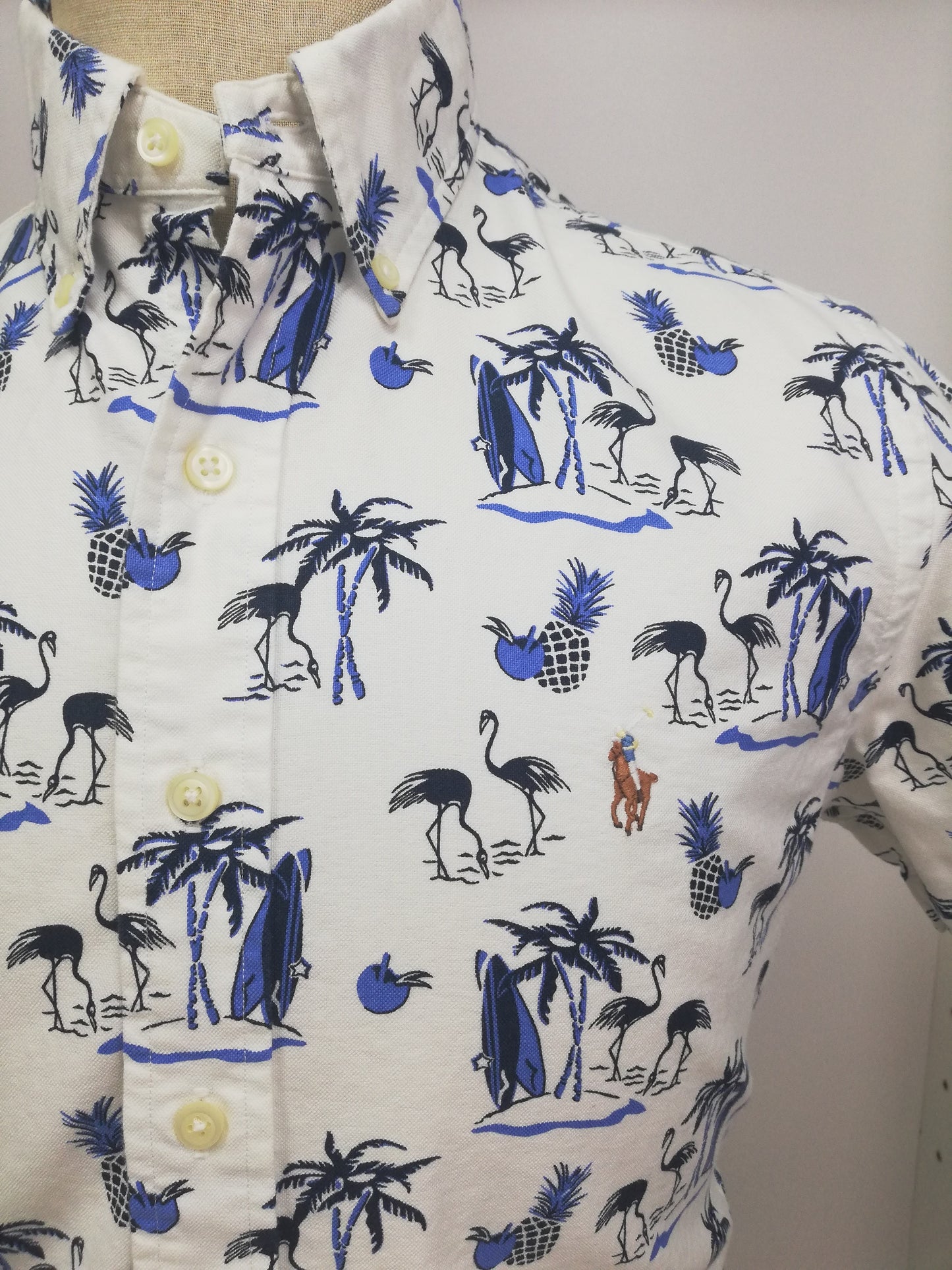 Camisa de botones Polo Ralph Lauren 🏇🏼 Oxford color blanco con diseño de isla en azul y negro Talla S Entalle Clásico