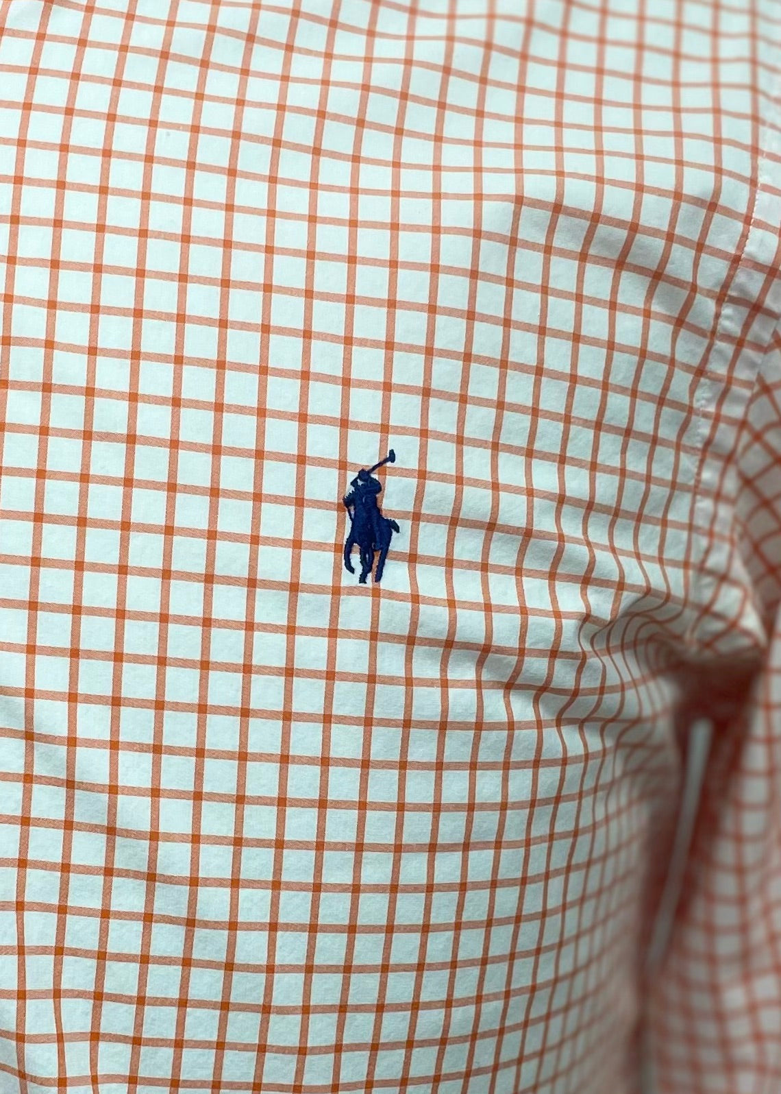 Camisa Polo Ralph Lauren 🏇🏼 color blanco con patron de cuadros naranja Talla M Entalle Slim Fit