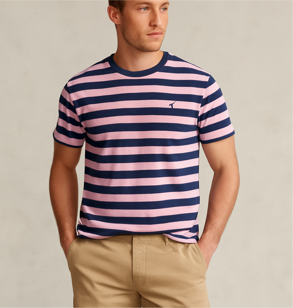 Camiseta cuello redondo Polo Ralph Lauren 🏇🏼 color rosado y rayas en color azul oscuro Talla M Entalle Clásico