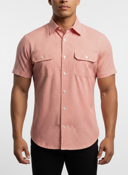 Camisa de botones Michael Kors 🇺🇸 de cuadros gingham color naranja y blanco manga corta Talla L Entalle Regular