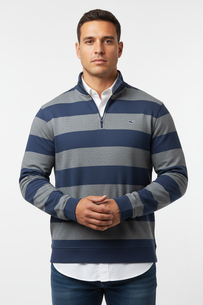 Sueter Jersey Vineyard Vines 🐳 con  franjas en gris y azul navy Talla S
