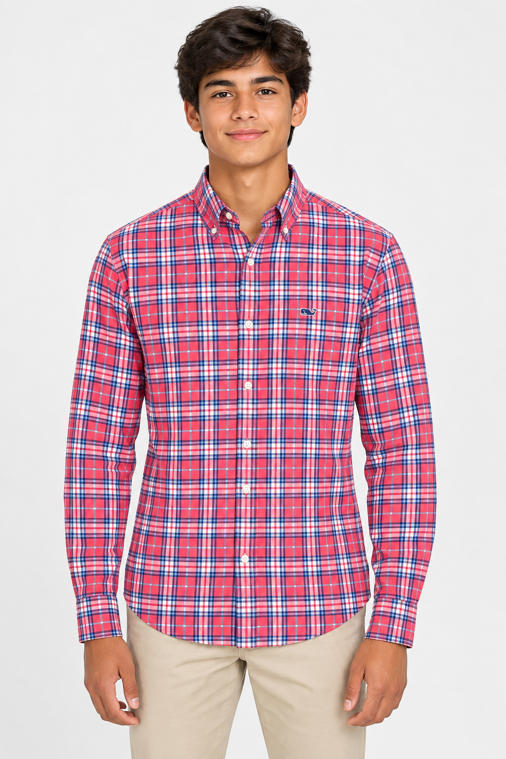 Camisa de niño Vineyard Vines 🐳 Performance de cuadros en color rojo, azul y blanco Talla L Entalle Regular