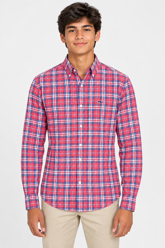 Camisa de niño Vineyard Vines 🐳 Performance de cuadros en color rojo, azul y blanco Talla L Entalle Regular