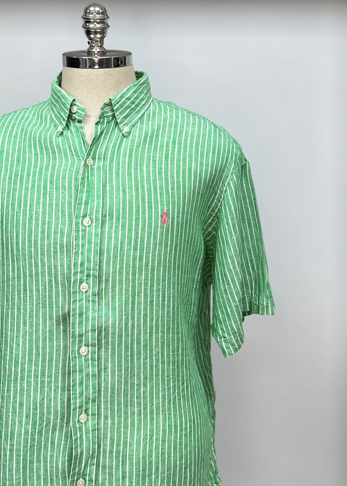 Camisa Polo Ralph Lauren 🏇🏼 de Lino con patron de rayas en color verde y blanco Talla XL Entalle Clásico