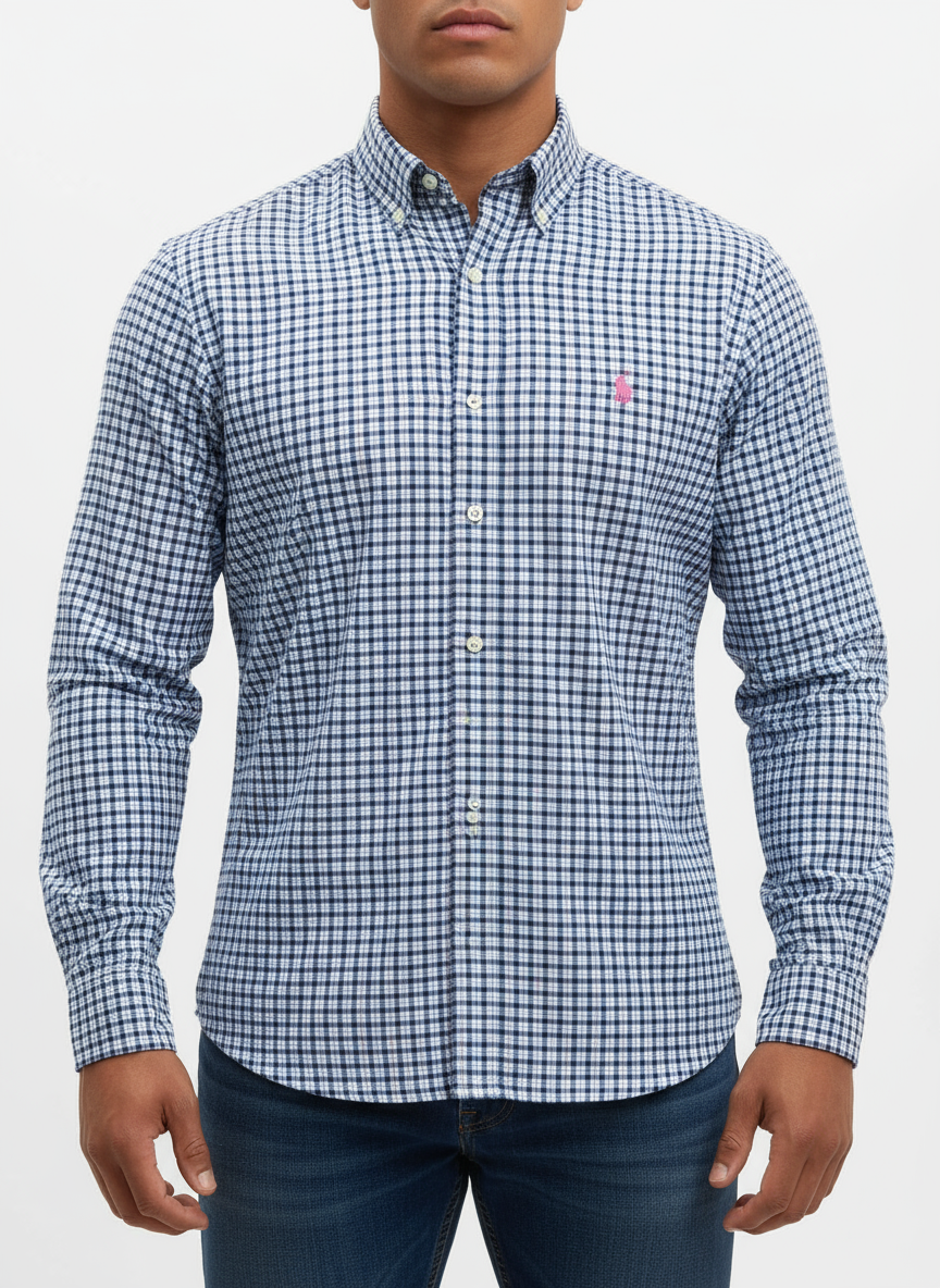 Camisa Polo Ralph Lauren 🏇🏼 color blanco con patron de cuadros rosado, verde y azul Talla L Entalle Regular