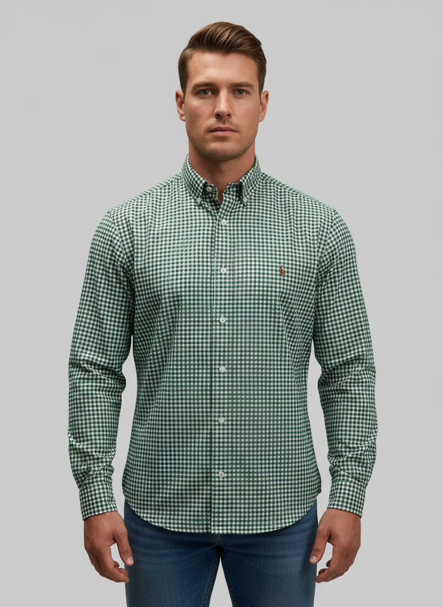 Camisa de botones Polo Ralph Lauren 🏇🏼 Oxford de cuadros gingham verde oscuro y blanco Talla L Entalle Regular