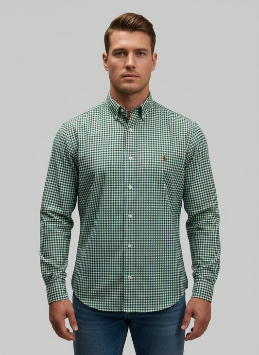 Camisa de botones Polo Ralph Lauren 🏇🏼 Oxford de cuadros gingham verde oscuro y blanco Talla L Entalle Regular