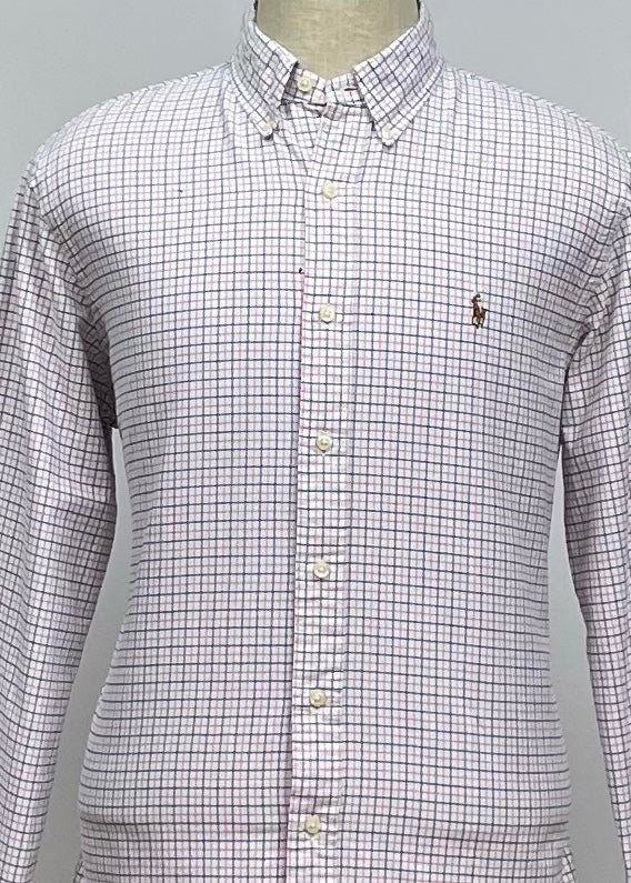 Camisa Polo Ralph Lauren 🏇🏼 color blanco con patron de cuadros en color rosado y azul navy Talla L Entalle Regular