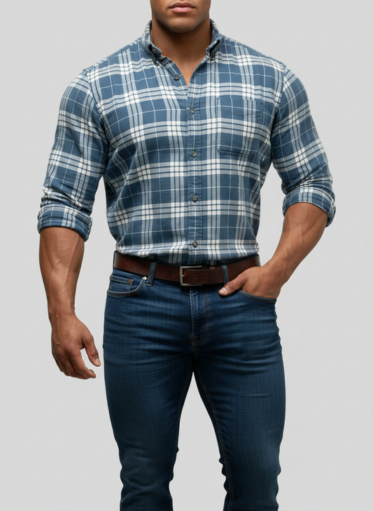 Camisa de botones Eddie Bauer 🇩🇪 de cuadros en color azul grisáceo y blanco Talla L Entalle Regular