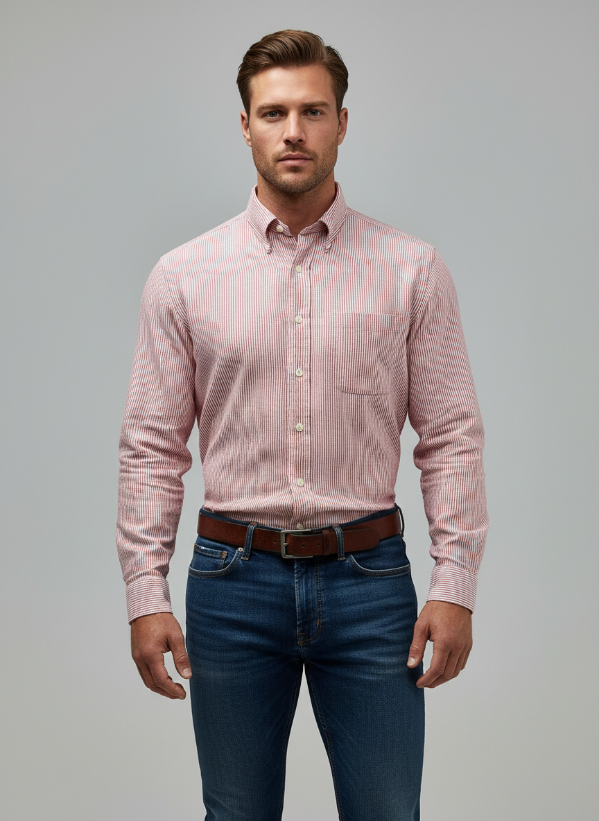 Camisa Brooks Brothers 🐑 De lino con rayas en color rojo claro y blanco Talla M Entalle Slim Fit