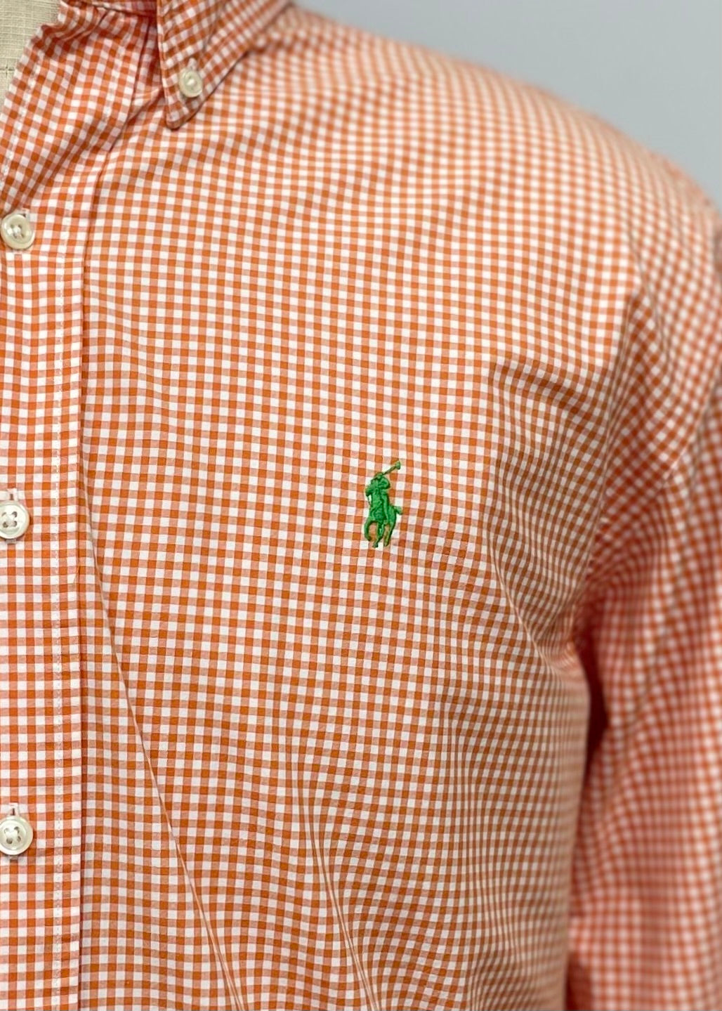 Camisa Polo Ralph Lauren 🏇🏼 con patron de cuadros gingham naranja y blanco Talla XL Entalle Clásico