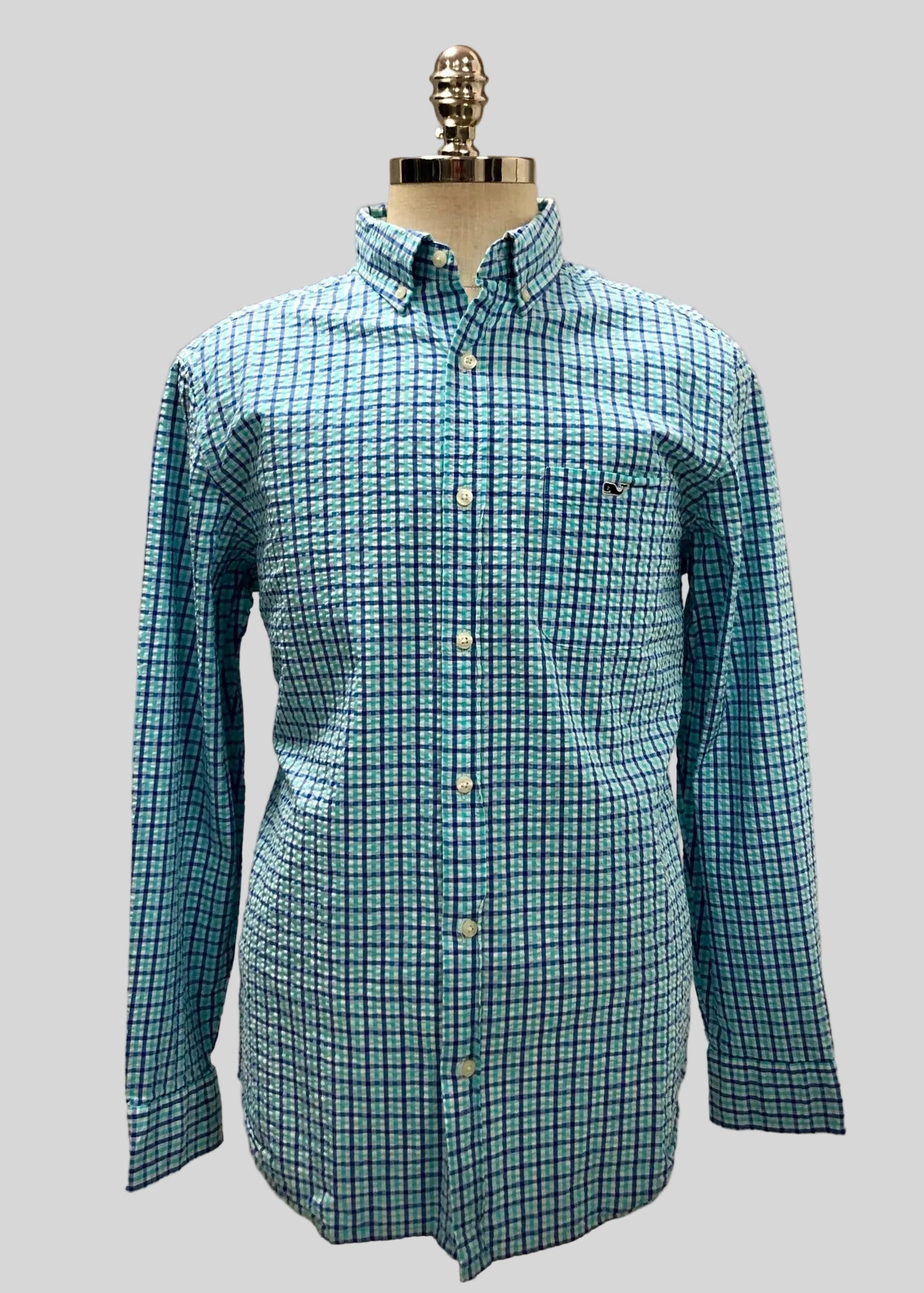 Camisa de botones Vineyard Vines 🐳 Seersucker color blanco de cuadros en color turquesa y azul Talla L Entalle Clásico