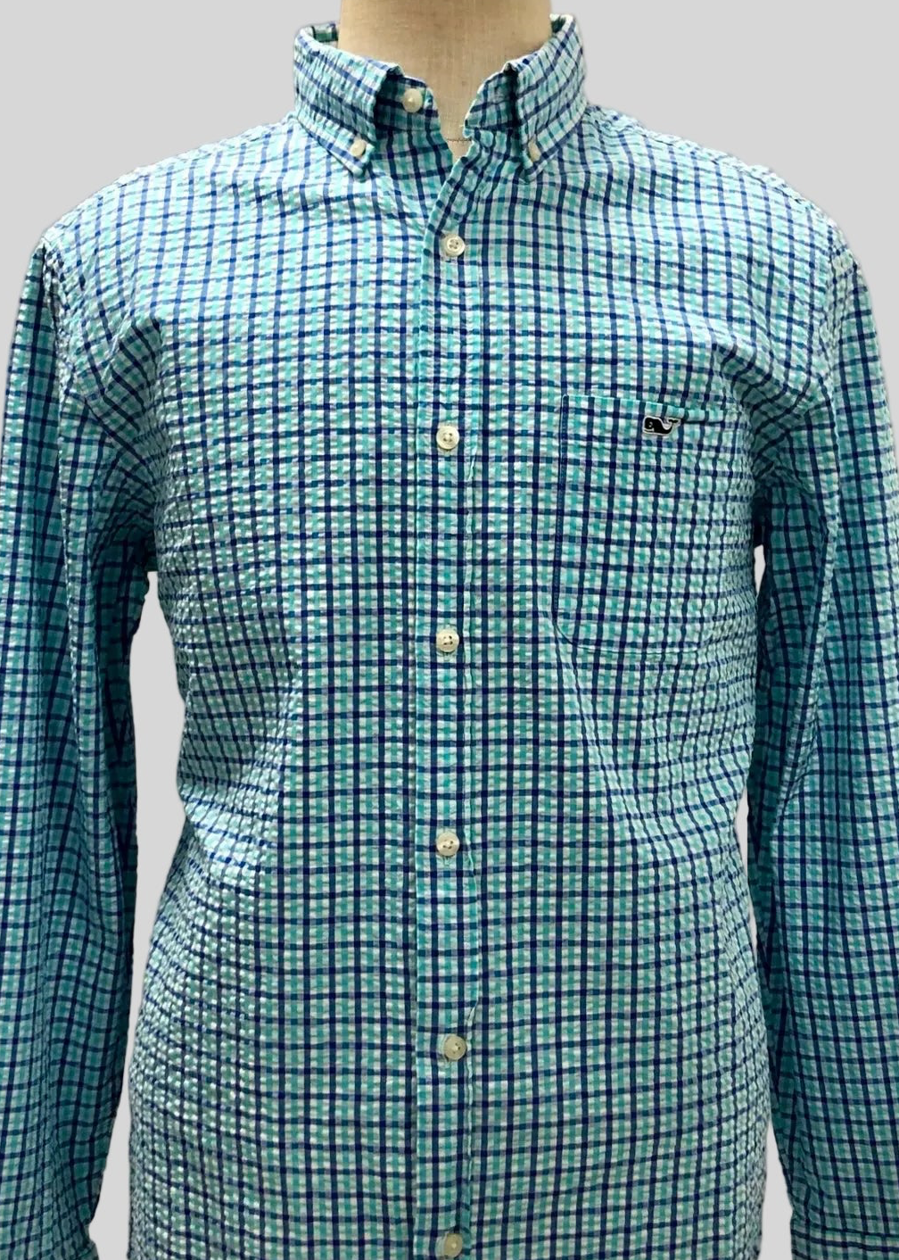 Camisa de botones Vineyard Vines 🐳 Seersucker color blanco de cuadros en color turquesa y azul Talla L Entalle Clásico