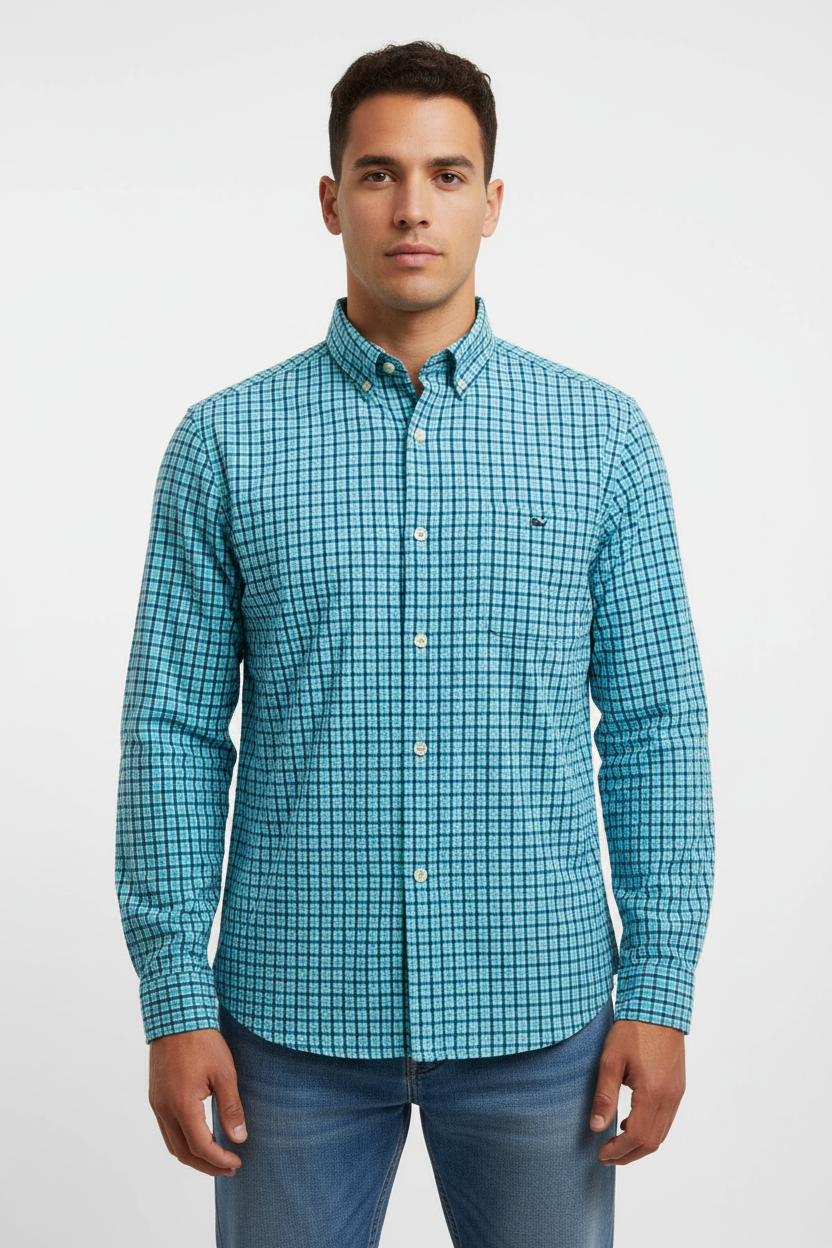 Camisa de botones Vineyard Vines 🐳 Seersucker color blanco de cuadros en color turquesa y azul Talla L Entalle Clásico