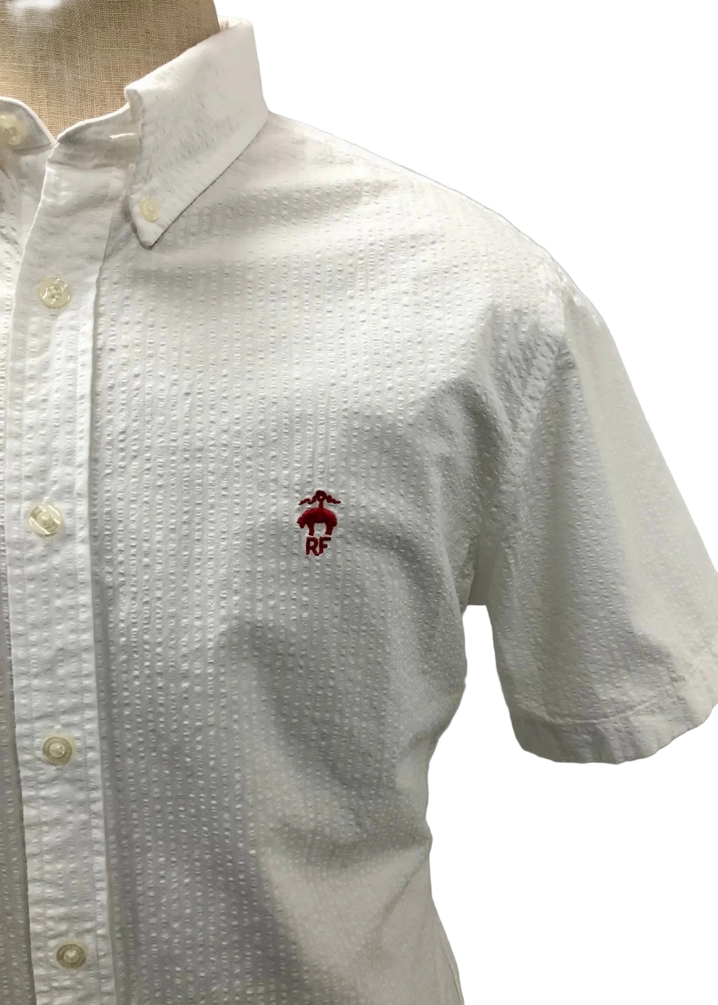 Camisa de botones Brooks Brothers 🐑 Seersucker color blanco y logo rojo Talla L Entalle Regular