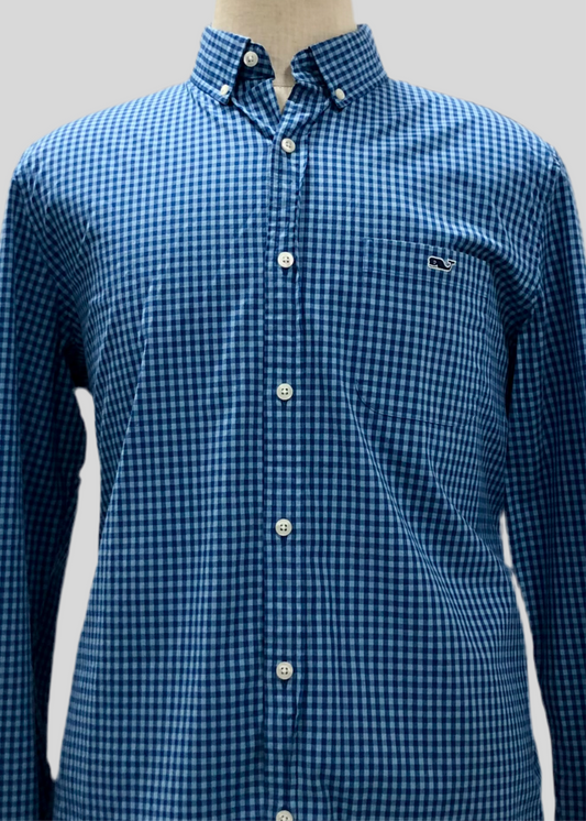 Camisa de botones Vineyard Vines 🐳 con patrón de cuadros gingham en color azul y celeste Talla M Entalle Slim Fit