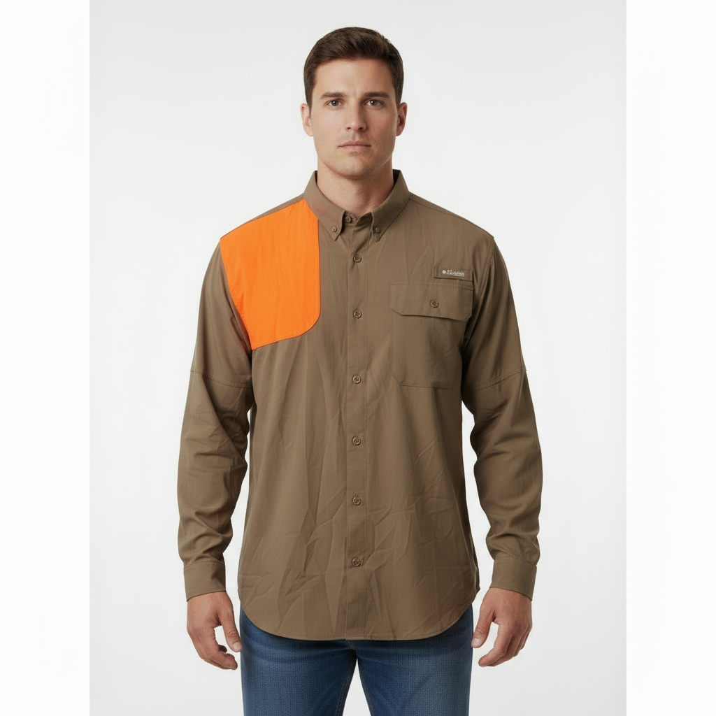 Camisa Columbia 🔹color kaki con diseño de parche naranja en hombro con Omni Shade Talla L