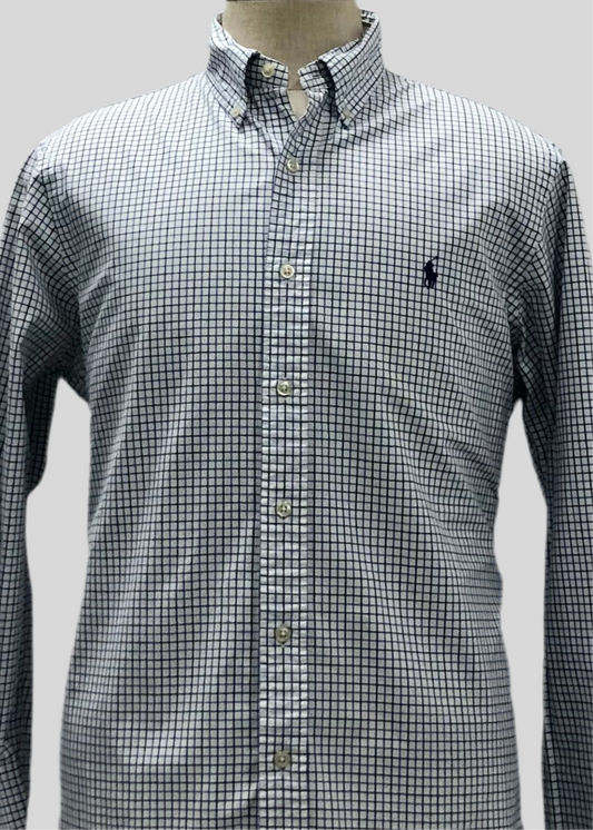 Camisa Polo Ralph Lauren 🏇🏼 color blanco con patrón de cuadros azul y negro Talla L Entalle Regular