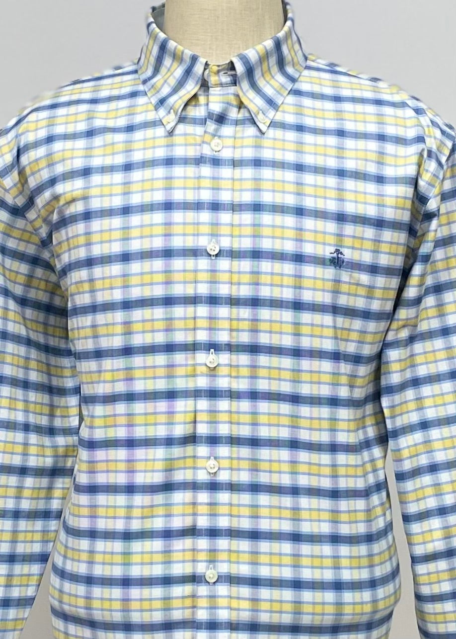 Camisa Brooks Brothers 🐑 color blanco con patrón de cuadros azul y amarillo Talla XL Entalle Regular