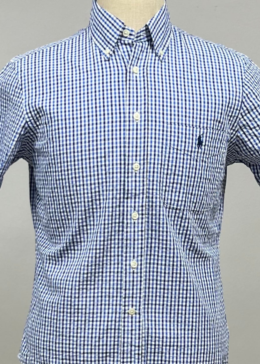 Camisa Polo Ralph Lauren 🏇🏼 Seersucker con patrón de cuadros en azul, celeste y blanco Talla S Entalle Regular