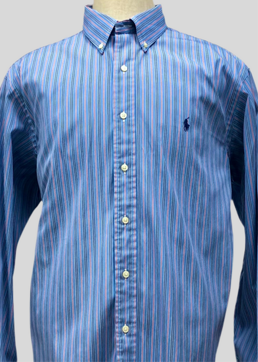 Camisa Polo Ralph Lauren 🏇🏼 color azul con patrón de rayas en rojo y negro Talla XL Entalle Clásico