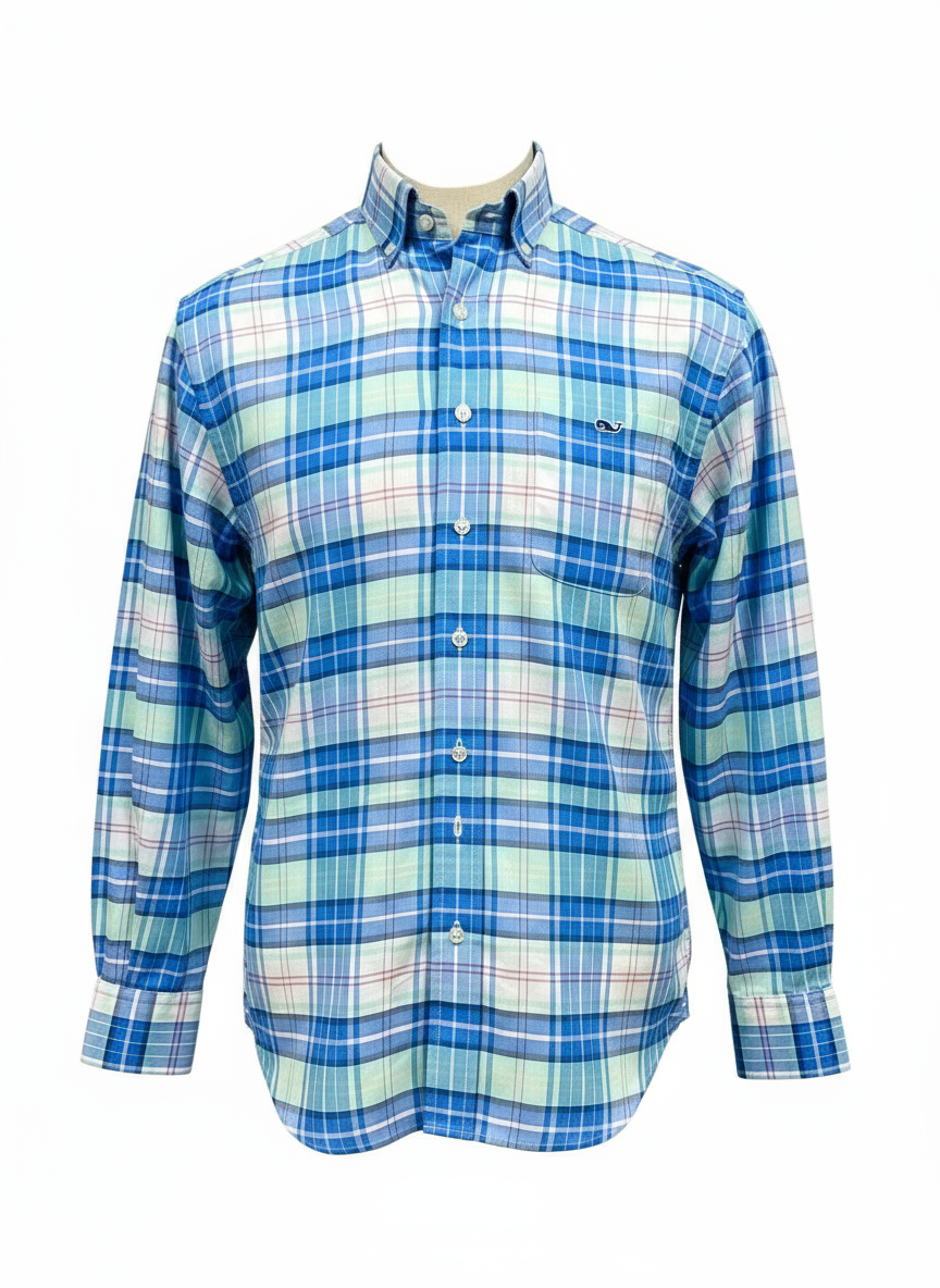 Camisa de botones Vineyard Vines 🐳 de cuadros en color celeste, turquesa y blanco Talla S Entalle Clásico
