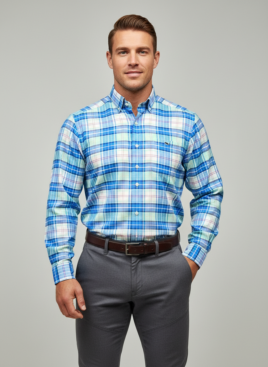 Camisa de botones Vineyard Vines 🐳 de cuadros en color celeste, turquesa y blanco Talla S Entalle Clásico